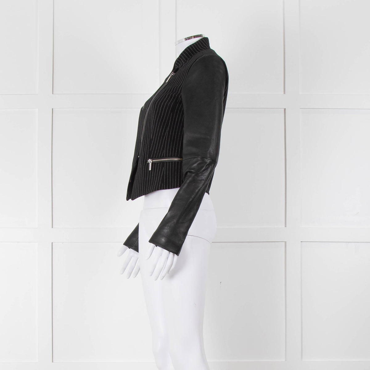 Michael By Michael Kors Black Pinstripe Leather Sleeve Zip Jacket