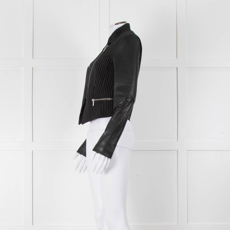 Michael By Michael Kors Black Pinstripe Leather Sleeve Zip Jacket