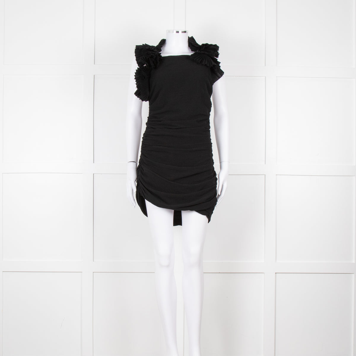 Isabel Marant Black Pleated Ruffle Straps Ruched Dress