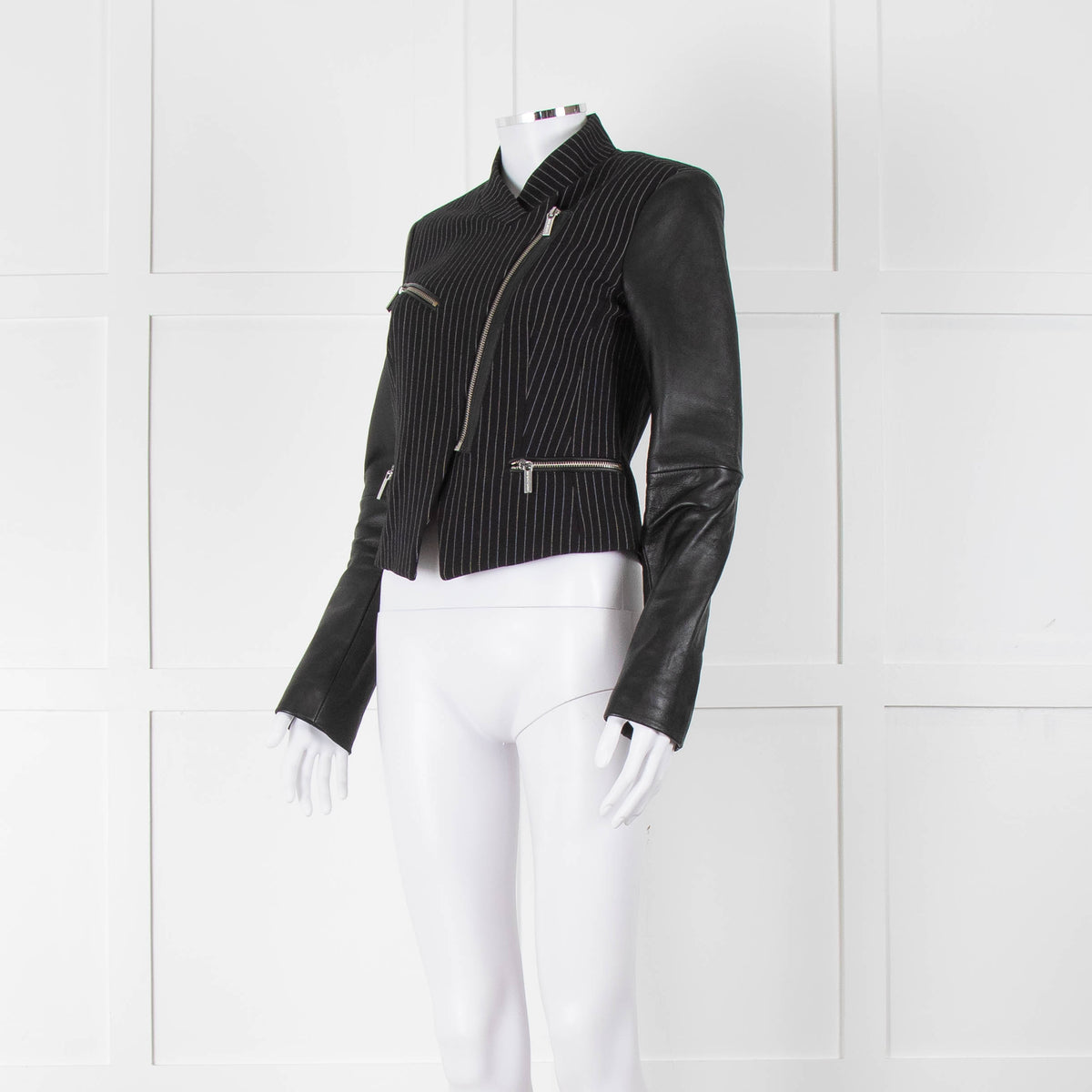 Michael By Michael Kors Black Pinstripe Leather Sleeve Zip Jacket