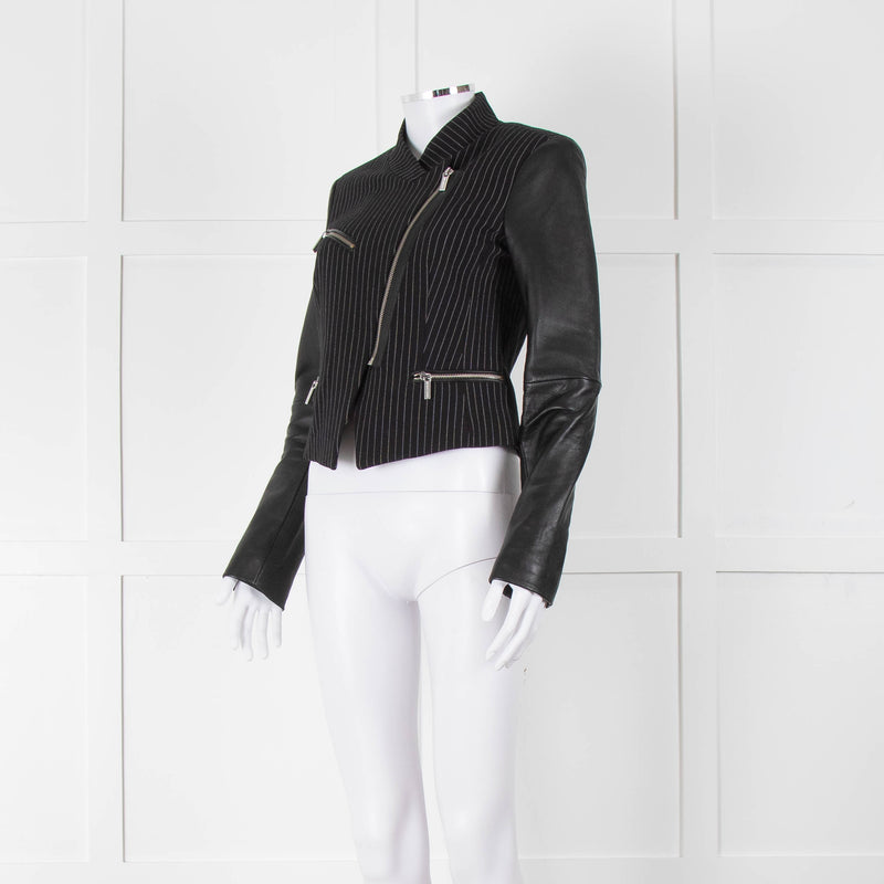 Michael By Michael Kors Black Pinstripe Leather Sleeve Zip Jacket