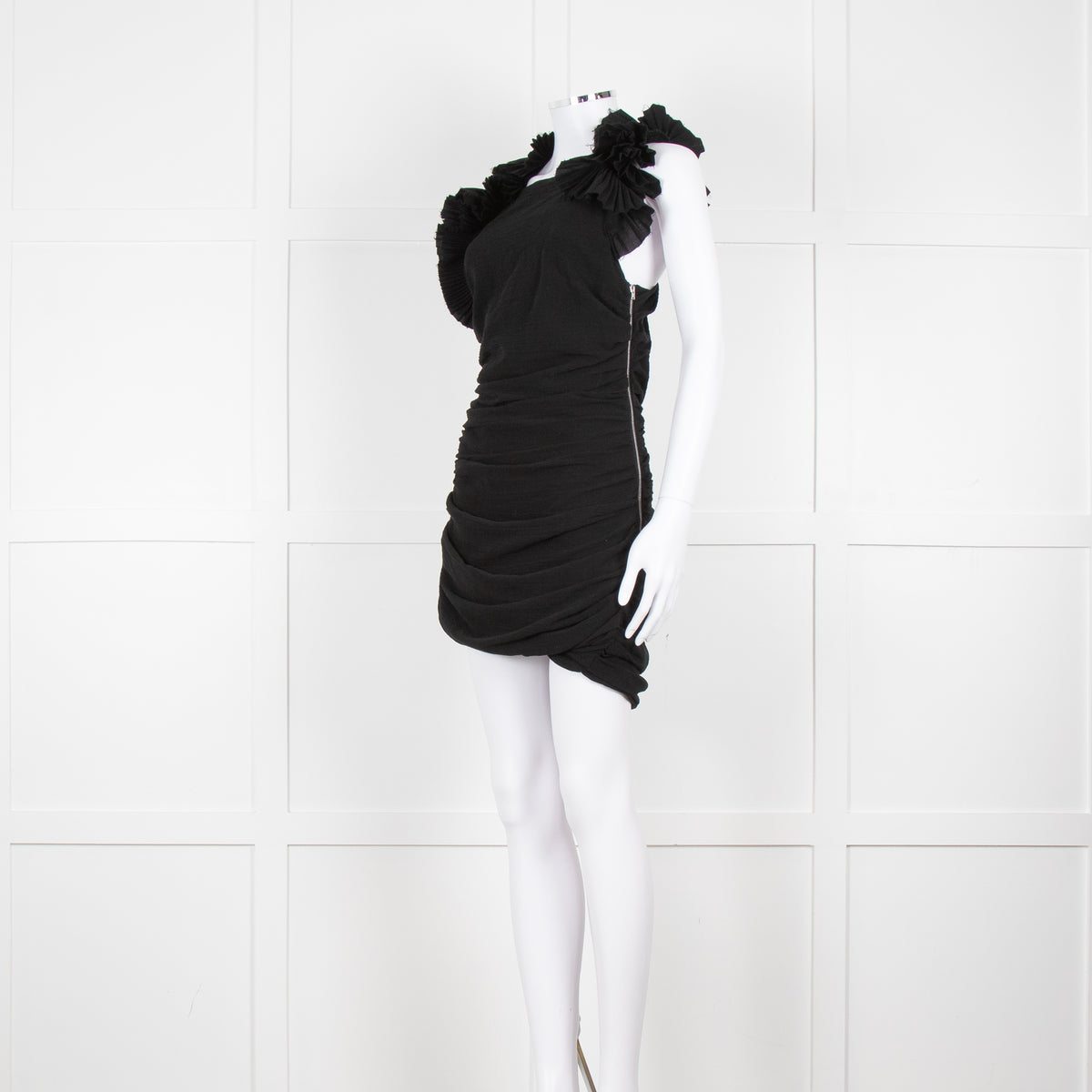 Isabel Marant Black Pleated Ruffle Straps Ruched Dress