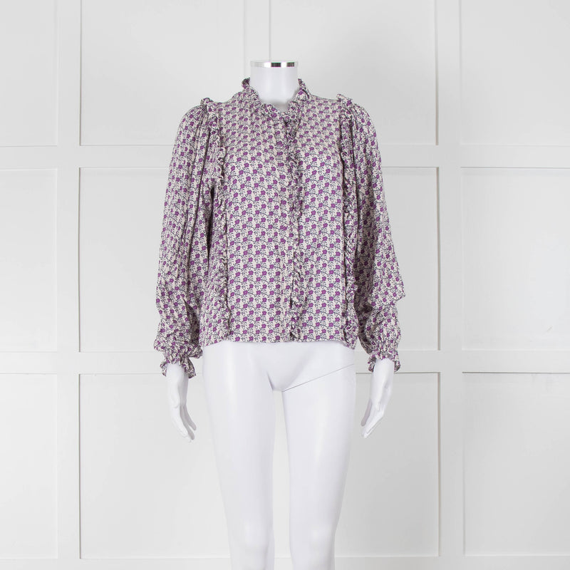 The New Society White Purple Frill Trim Long Sleeve Top
