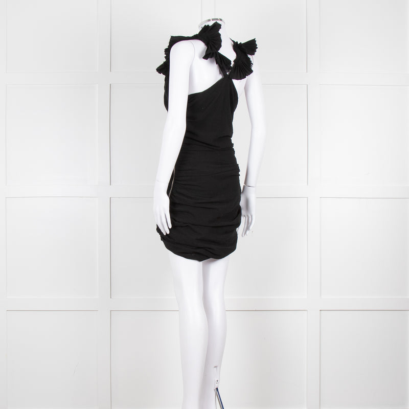 Isabel Marant Black Pleated Ruffle Straps Ruched Dress