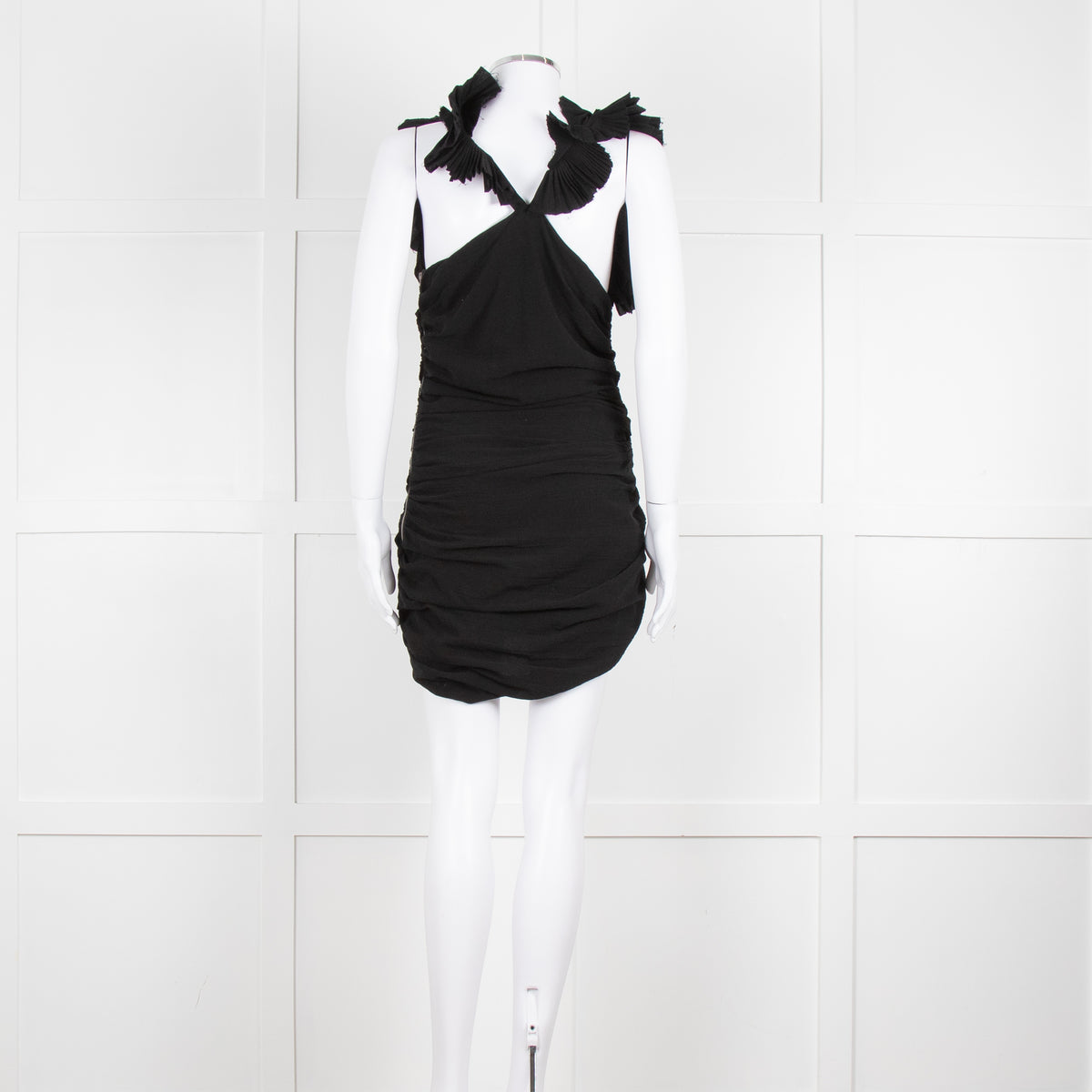 Isabel Marant Black Pleated Ruffle Straps Ruched Dress