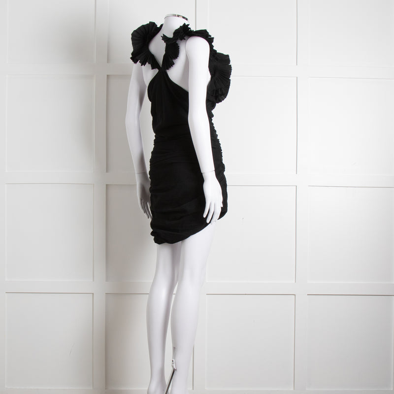 Isabel Marant Black Pleated Ruffle Straps Ruched Dress