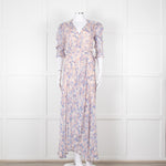 Berenice Pale Pink Blue Floral Frill Detail Wrap Dress