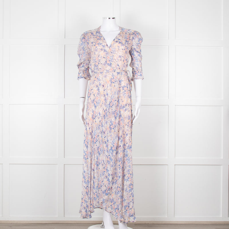 Berenice Pale Pink Blue Floral Frill Detail Wrap Dress
