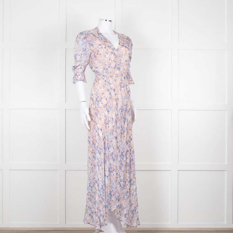 Berenice Pale Pink Blue Floral Frill Detail Wrap Dress