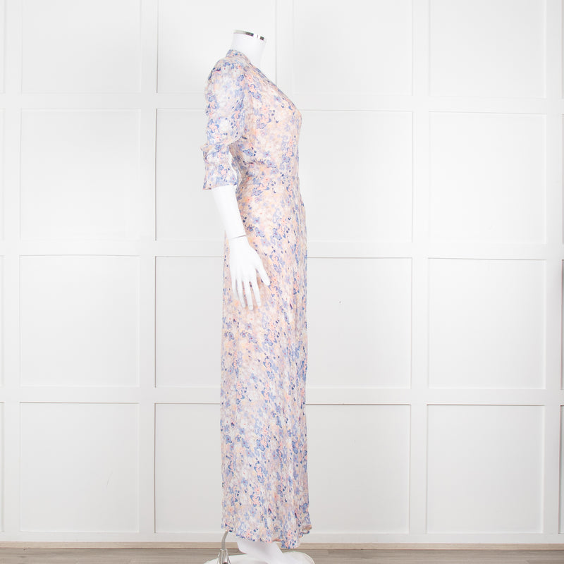 Berenice Pale Pink Blue Floral Frill Detail Wrap Dress