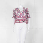 Masscob White Purple Floral Cropped Neck Tie Top