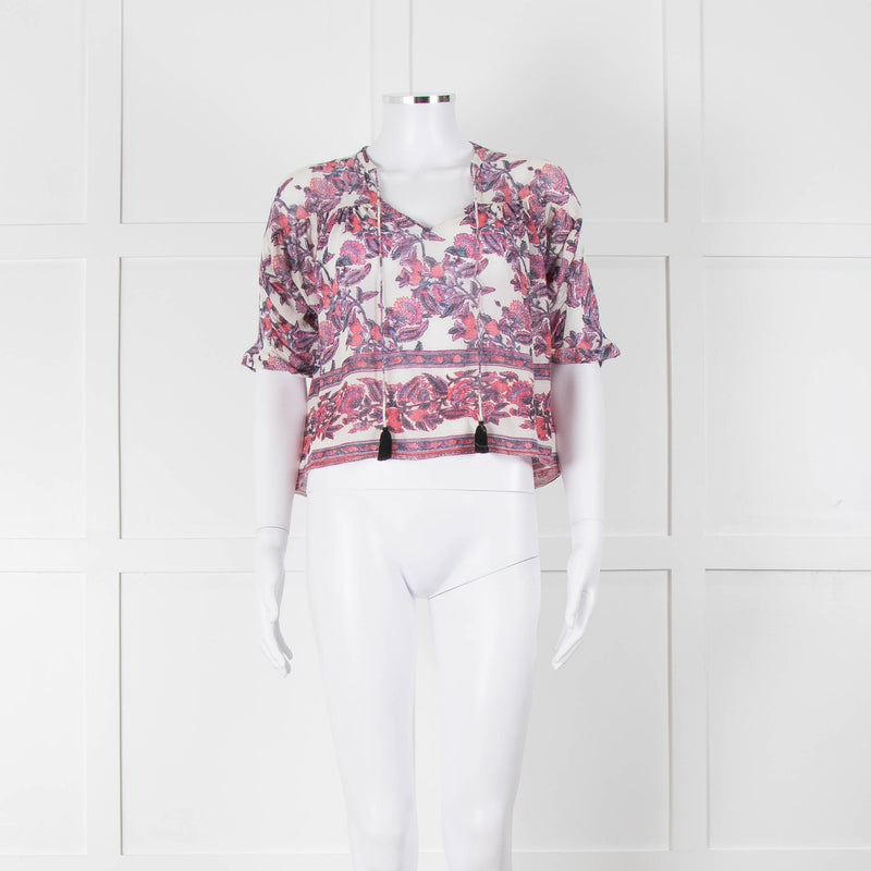 Masscob White Purple Floral Cropped Neck Tie Top
