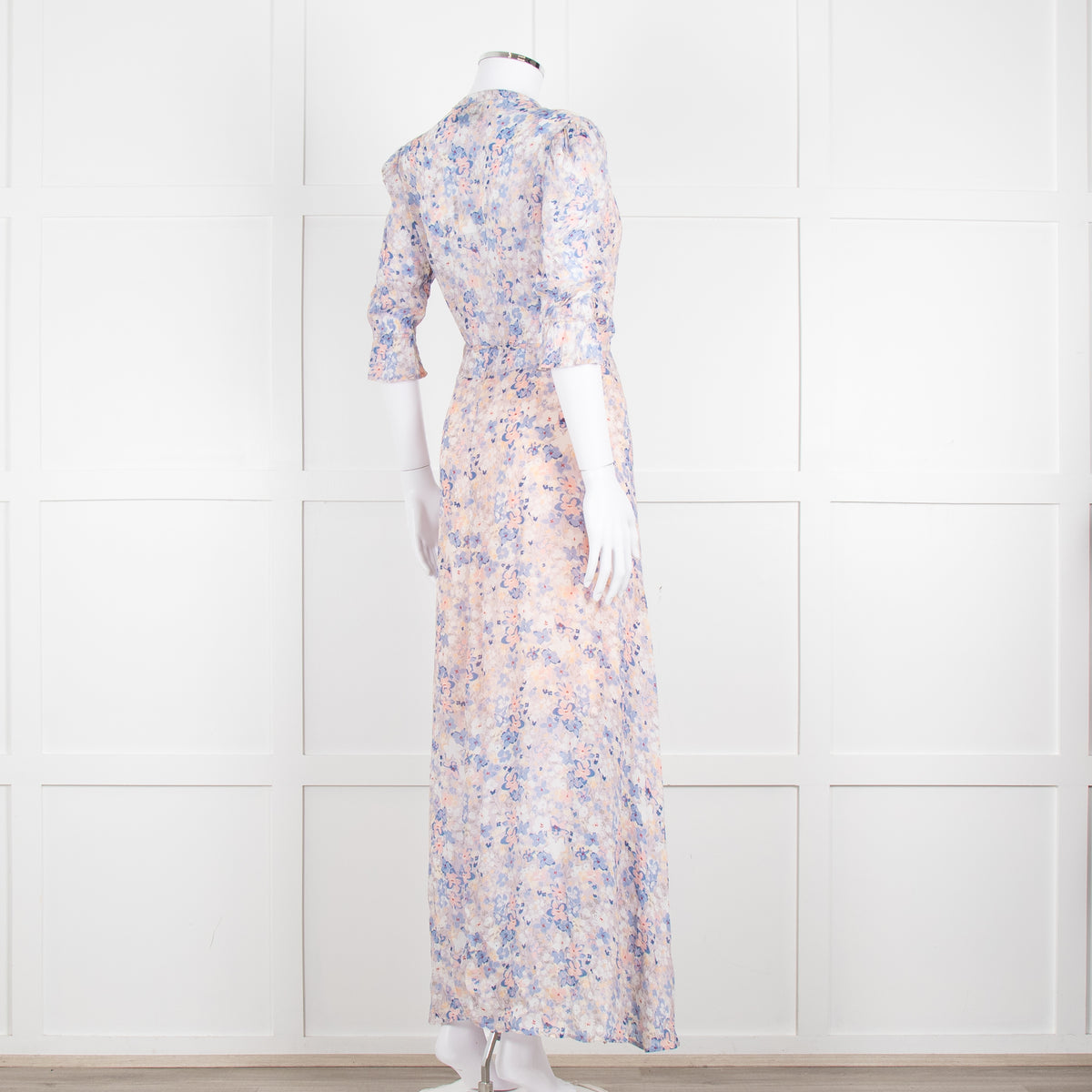 Berenice Pale Pink Blue Floral Frill Detail Wrap Dress