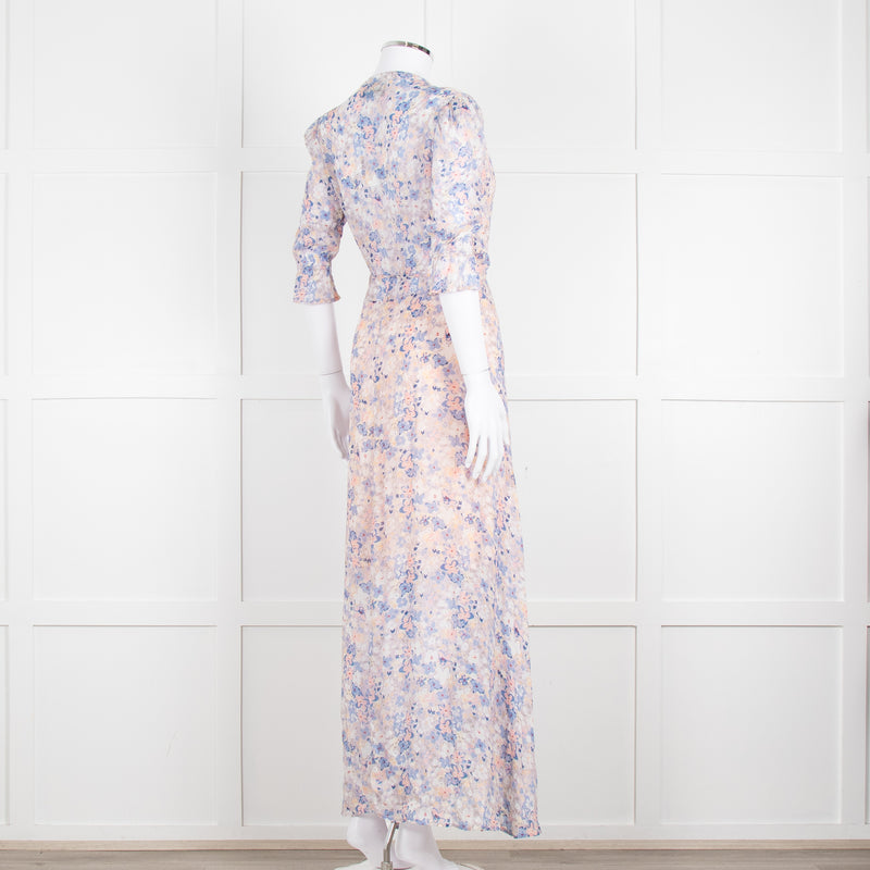 Berenice Pale Pink Blue Floral Frill Detail Wrap Dress