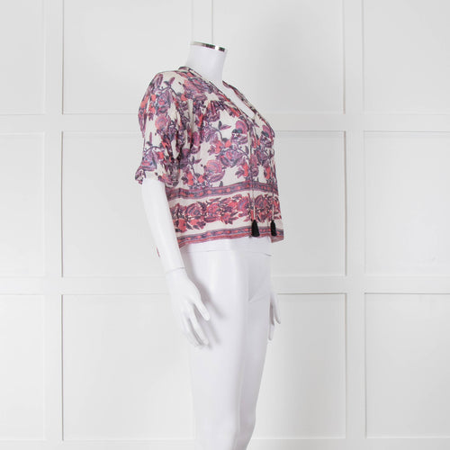 Masscob White Purple Floral Cropped Neck Tie Top