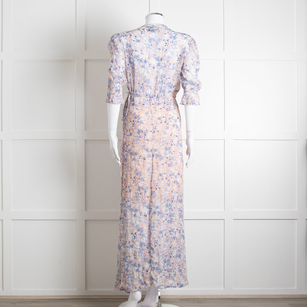 Berenice Pale Pink Blue Floral Frill Detail Wrap Dress