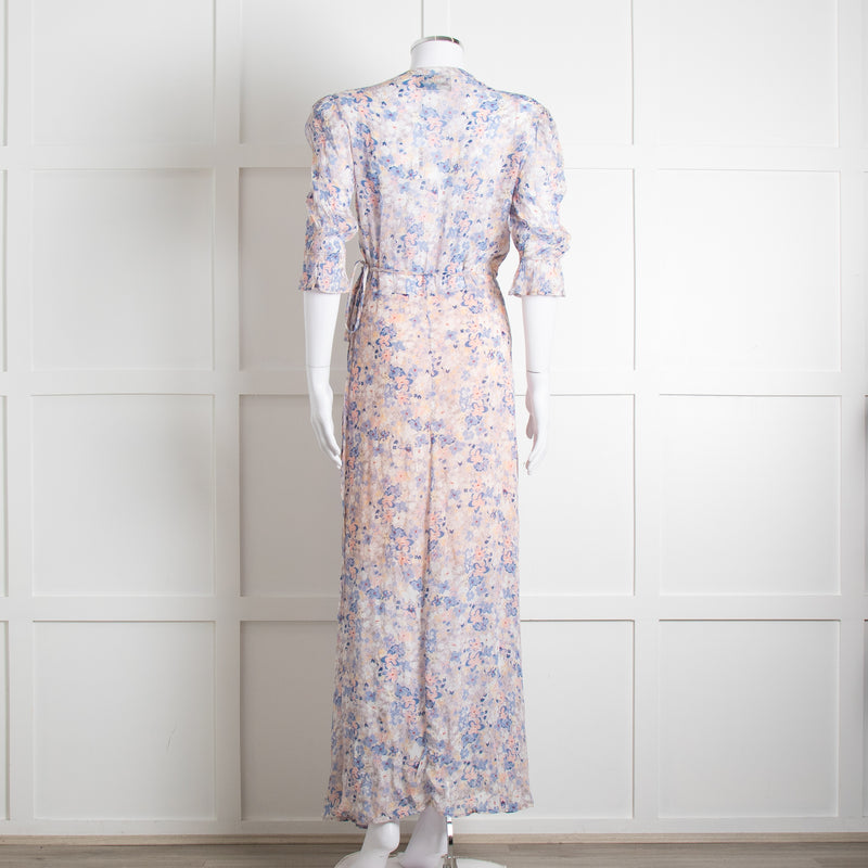 Berenice Pale Pink Blue Floral Frill Detail Wrap Dress