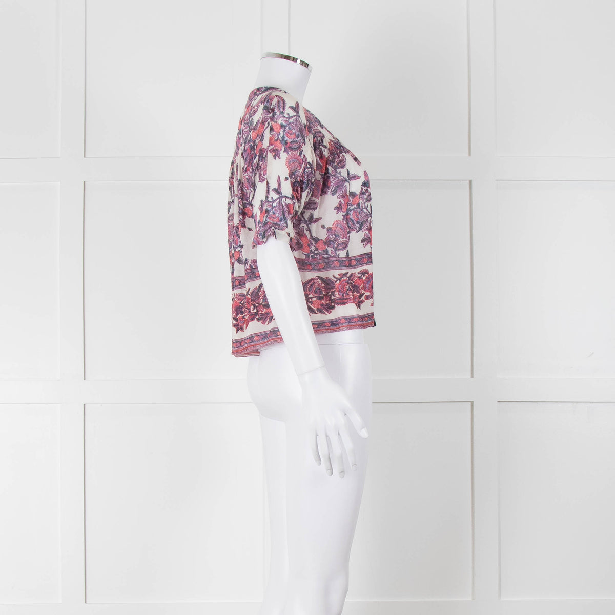 Masscob White Purple Floral Cropped Neck Tie Top