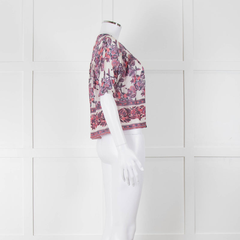 Masscob White Purple Floral Cropped Neck Tie Top