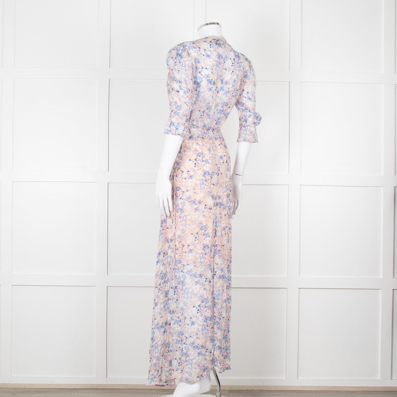 Berenice Pale Pink Blue Floral Frill Detail Wrap Dress
