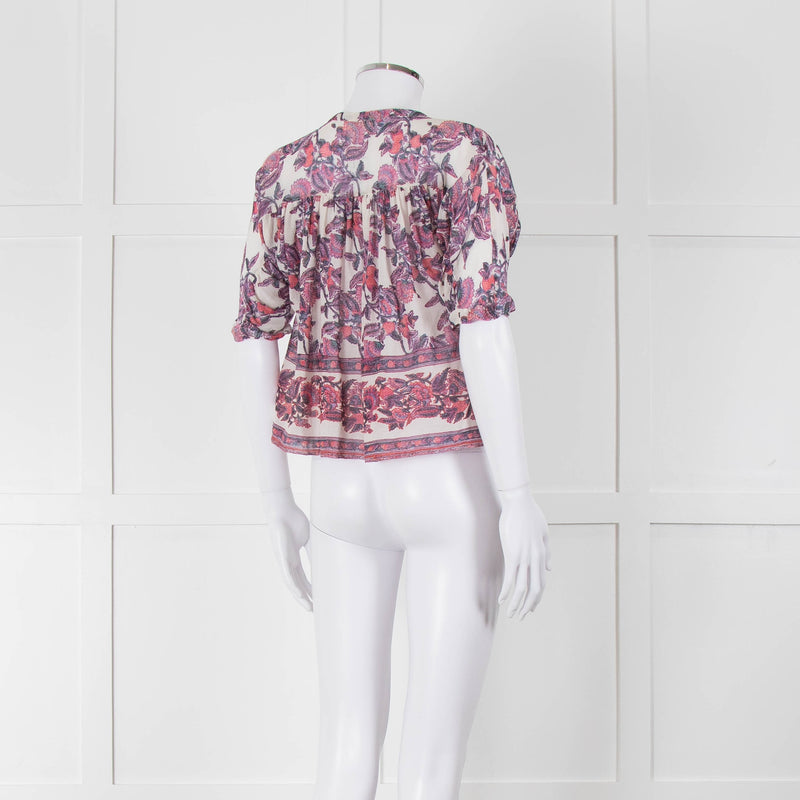 Masscob White Purple Floral Cropped Neck Tie Top