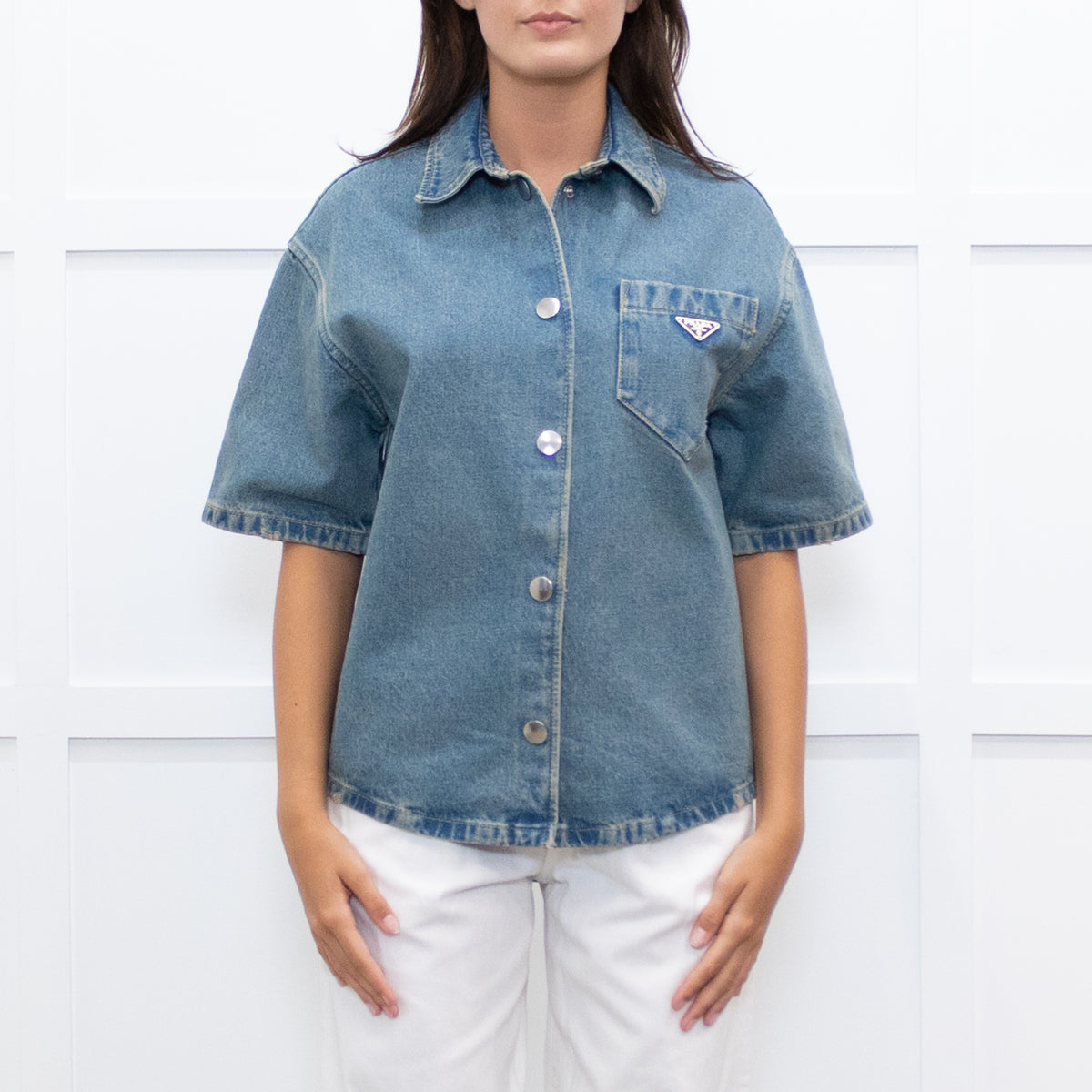 Prada Denim Short Sleeve Shirt with Logo Plaque