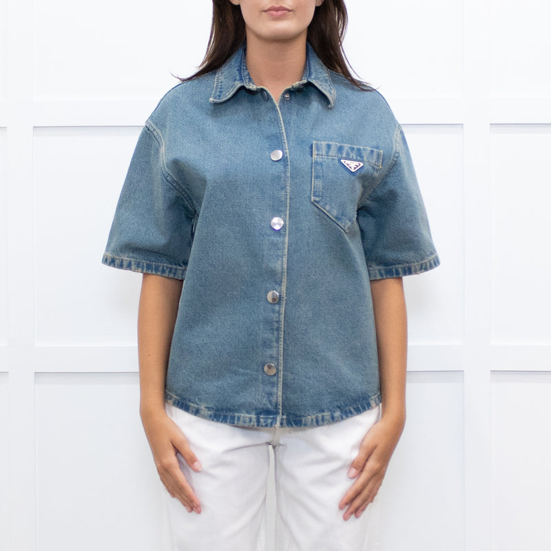 Prada Denim Short Sleeve Shirt with Logo Plaque