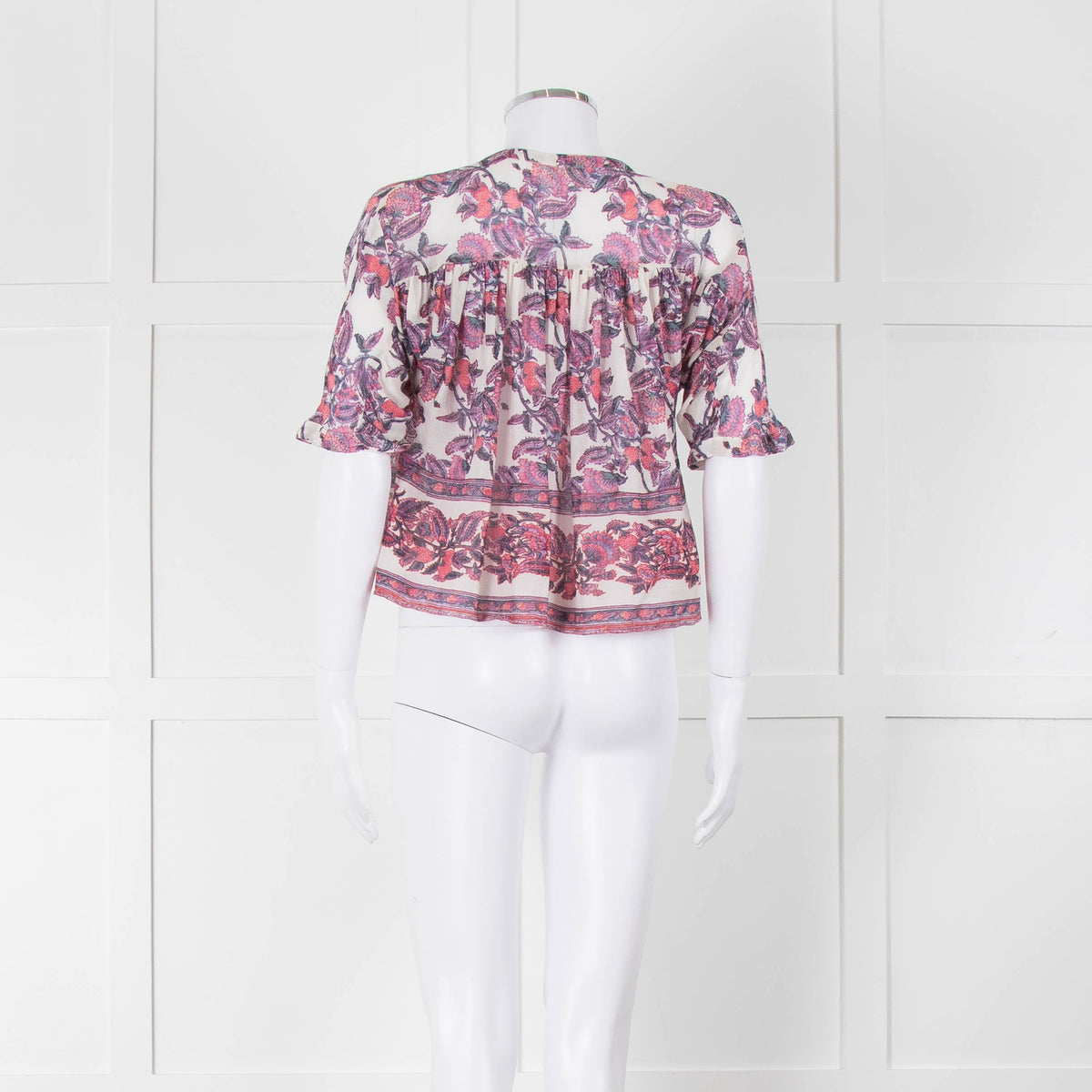 Masscob White Purple Floral Cropped Neck Tie Top