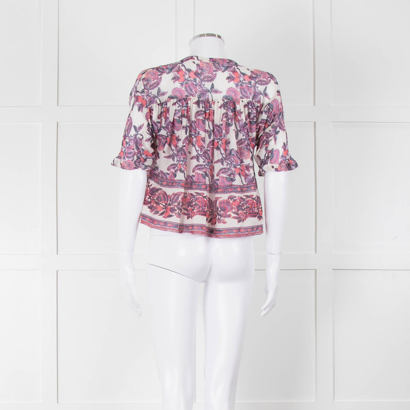 Masscob White Purple Floral Cropped Neck Tie Top