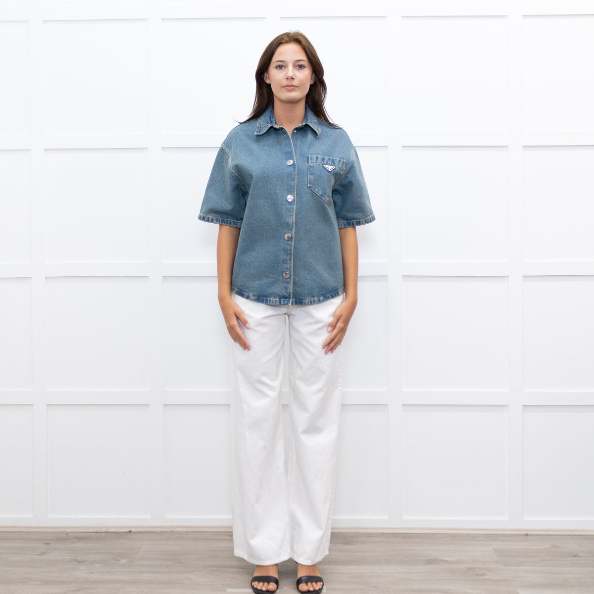 Prada Denim Short Sleeve Shirt with Logo Plaque