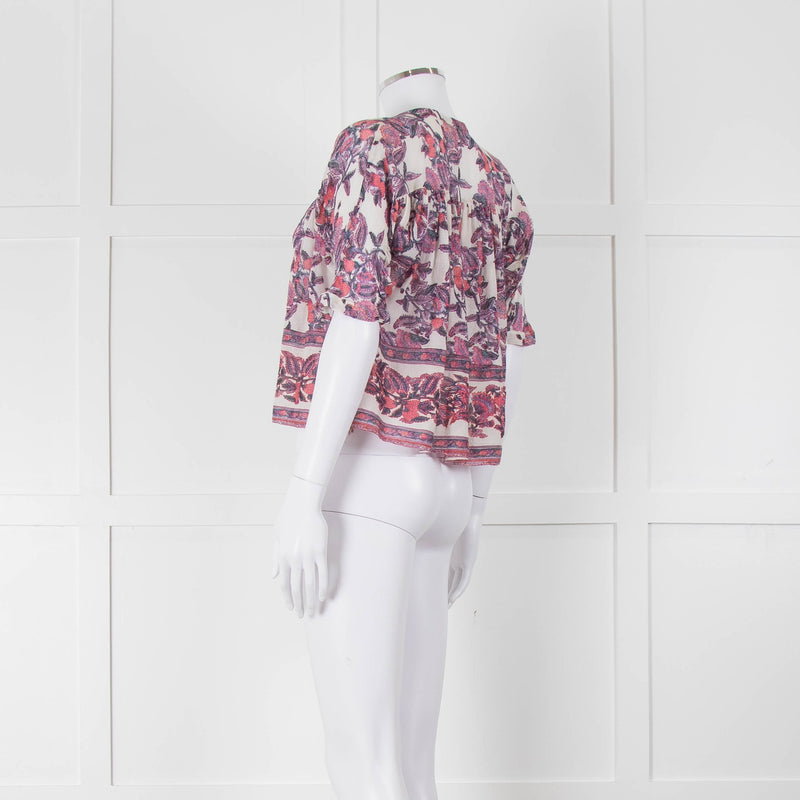 Masscob White Purple Floral Cropped Neck Tie Top