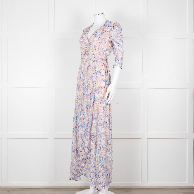 Berenice Pale Pink Blue Floral Frill Detail Wrap Dress