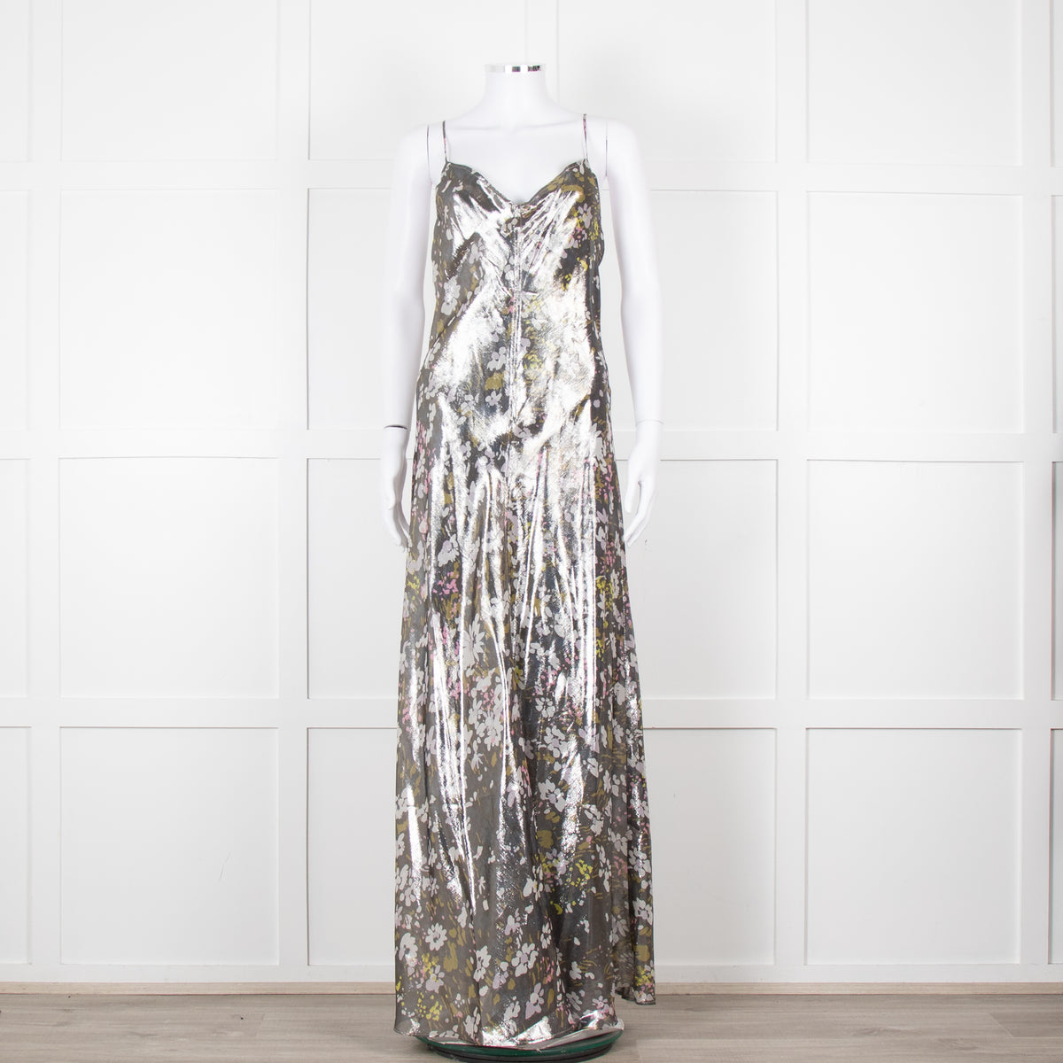 Ganni Silver Floral Lame Cut Out Back Sleeveless Maxi Dress
