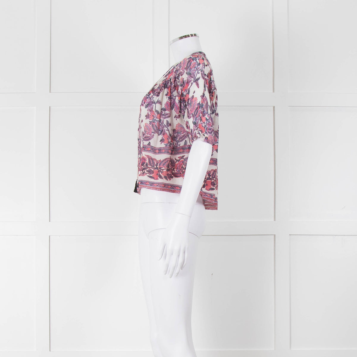 Masscob White Purple Floral Cropped Neck Tie Top