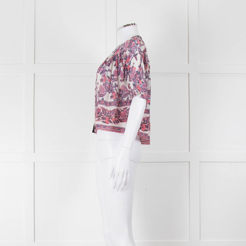 Masscob White Purple Floral Cropped Neck Tie Top
