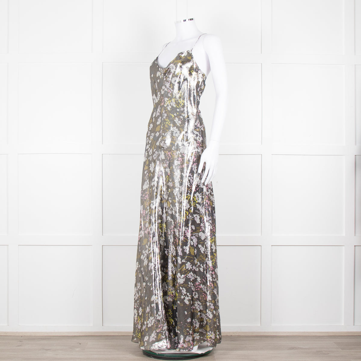 Ganni Silver Floral Lame Cut Out Back Sleeveless Maxi Dress