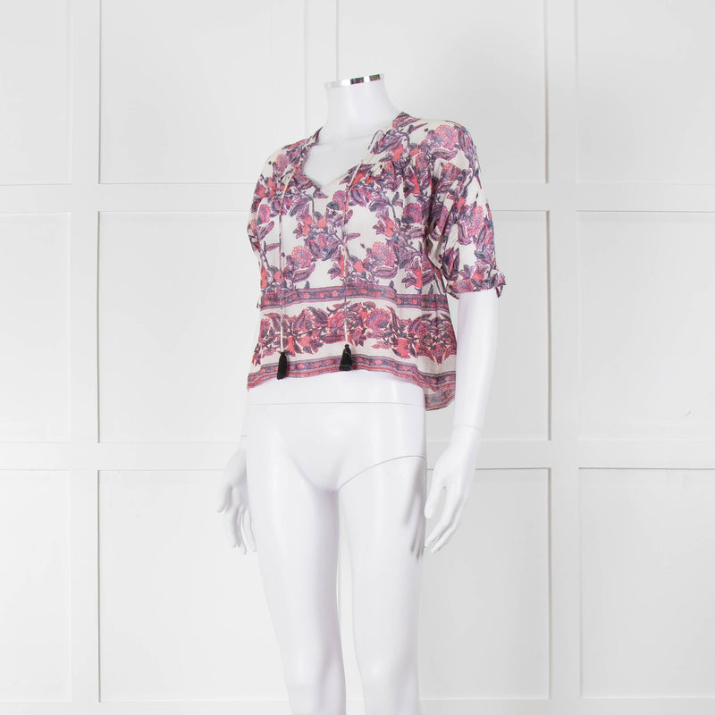 Masscob White Purple Floral Cropped Neck Tie Top