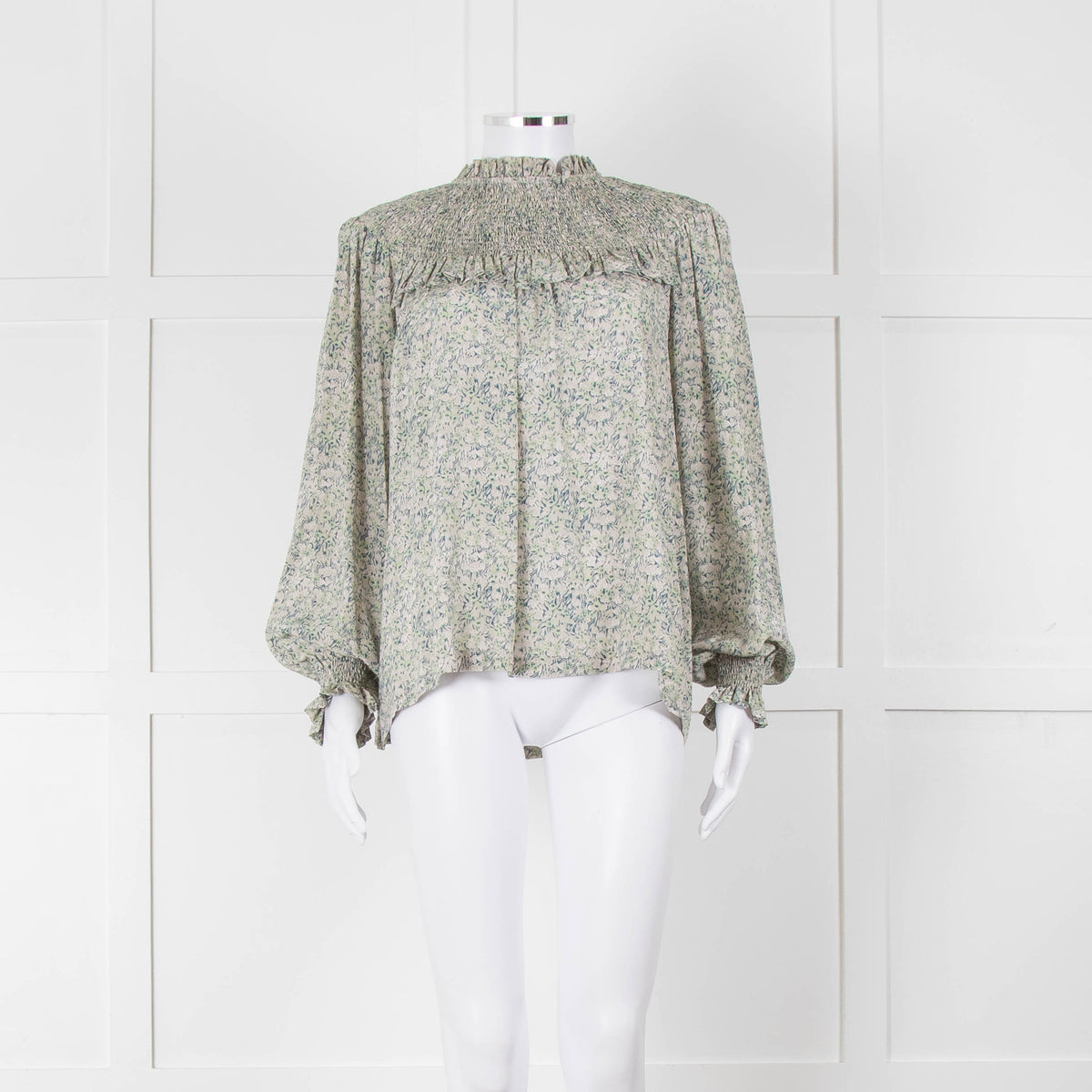 Masscob Green Grey Floral Smock Silk Top