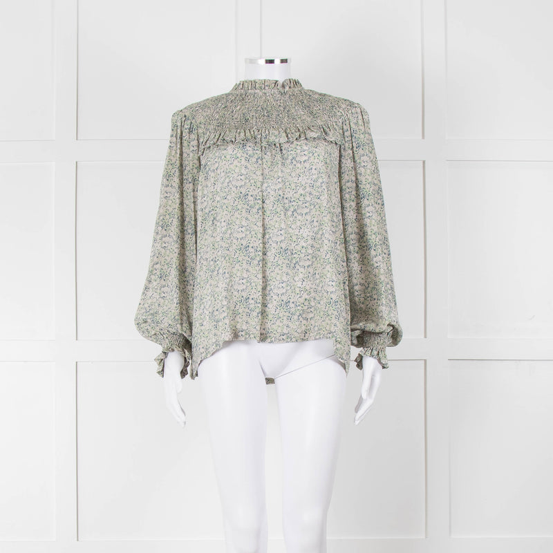 Masscob Green Grey Floral Smock Silk Top