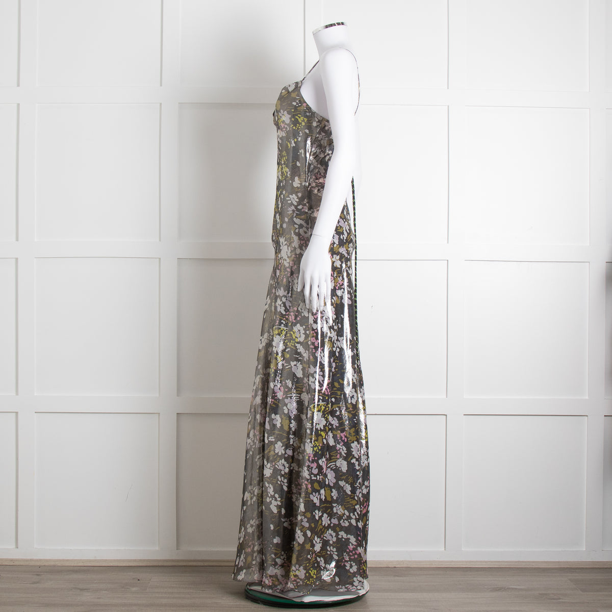 Ganni Silver Floral Lame Cut Out Back Sleeveless Maxi Dress