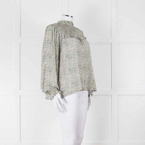 Masscob Green Grey Floral Smock Silk Top