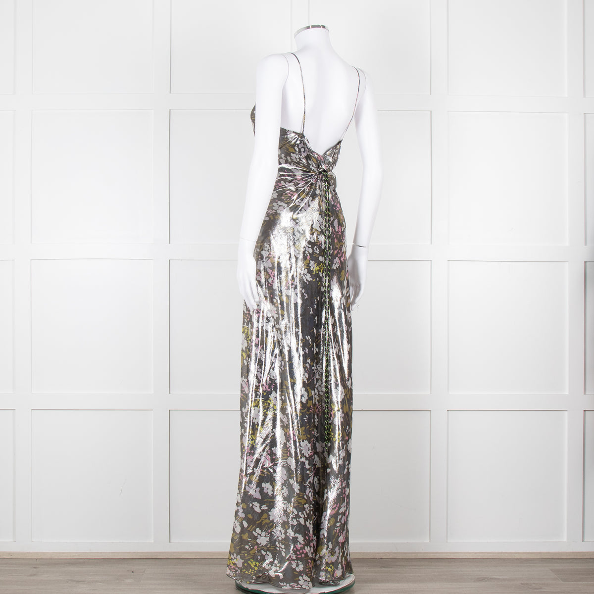 Ganni Silver Floral Lame Cut Out Back Sleeveless Maxi Dress