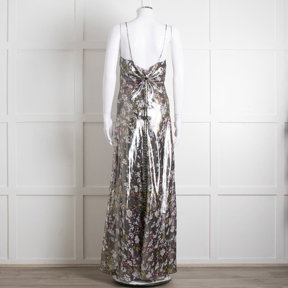 Ganni Silver Floral Lame Cut Out Back Sleeveless Maxi Dress
