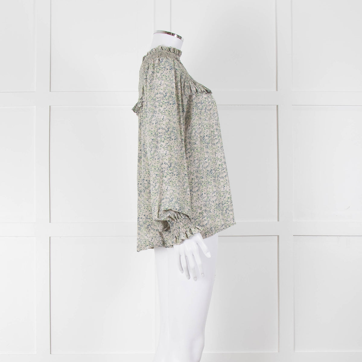 Masscob Green Grey Floral Smock Silk Top