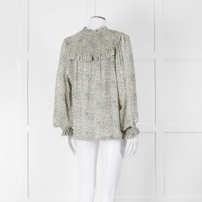 Masscob Green Grey Floral Smock Silk Top