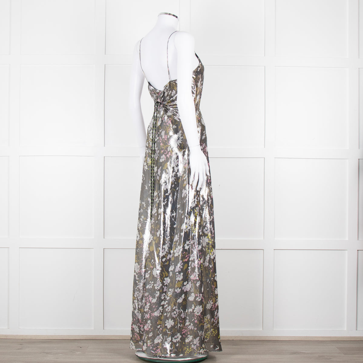 Ganni Silver Floral Lame Cut Out Back Sleeveless Maxi Dress