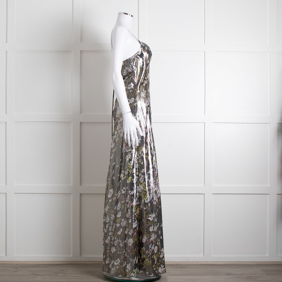 Ganni Silver Floral Lame Cut Out Back Sleeveless Maxi Dress