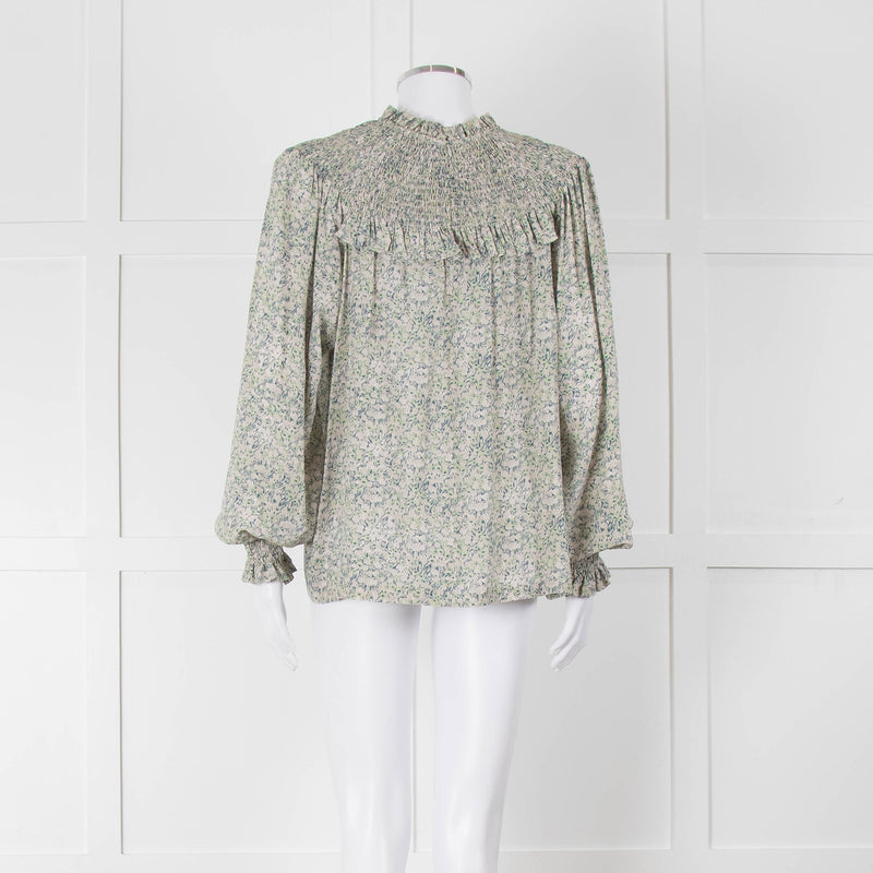 Masscob Green Grey Floral Smock Silk Top