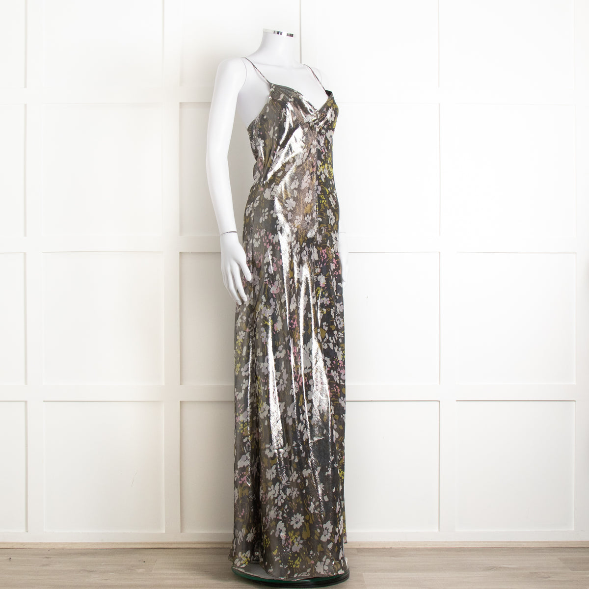 Ganni Silver Floral Lame Cut Out Back Sleeveless Maxi Dress