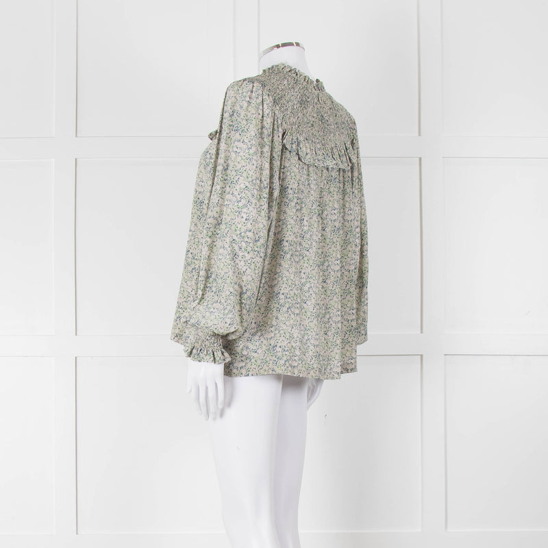 Masscob Green Grey Floral Smock Silk Top